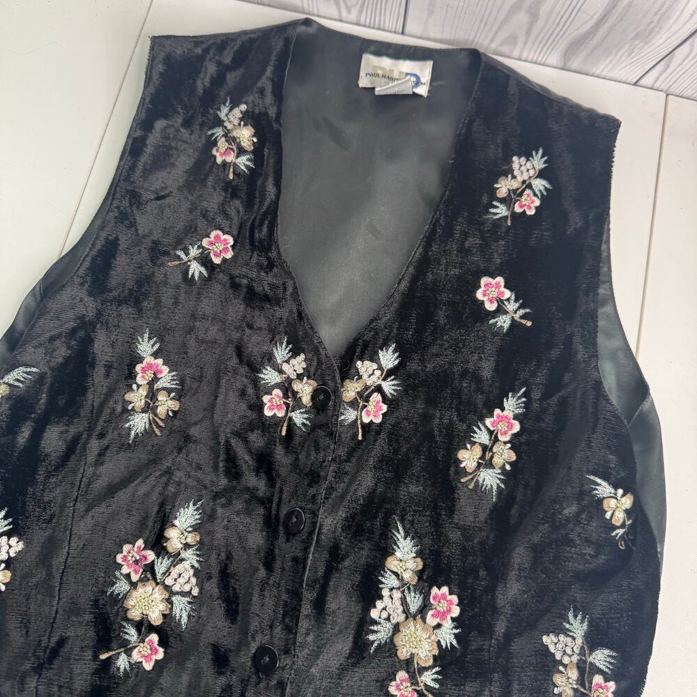 Vtg Paul Harris Design Velvet Vest Med Black Floral Boho 90s whimsy goth